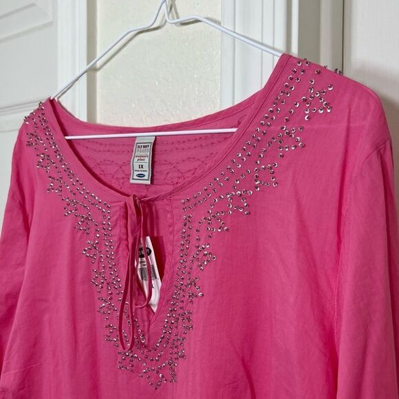 Old Navy Pink Long Sleeve Cotton Mini Sequins Scoop Tie Neck Tunic Top NWT 1X - Picture 5 of 13